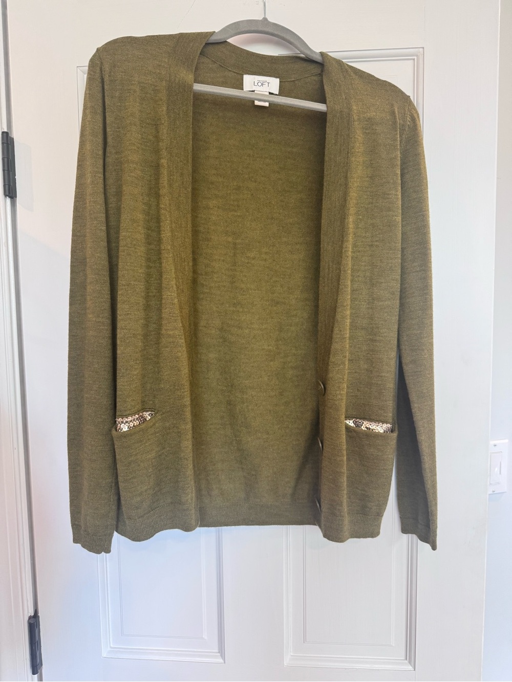 LOFT Olive Green Open-Front Cardigan with Sequin Pocket Trim